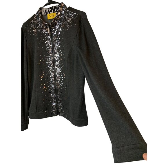 St John Spa Gray Full Zip Cardigan Sweatshirt Jacket Sequin Bling Sz M RD10166 - Picture 7 of 11